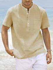 Men's Cotton Blend Short Sleeve Shirt with Stand Collar Pocket Solid Plus Size