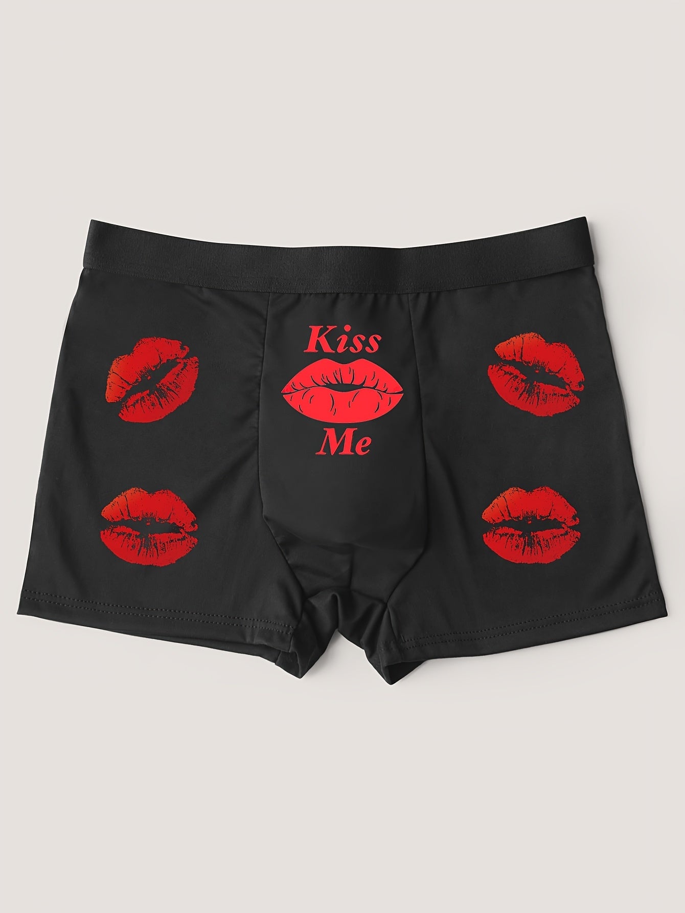 Men's Black Boxer Shorts with Red Lips and Letter Print for Valentine's Day