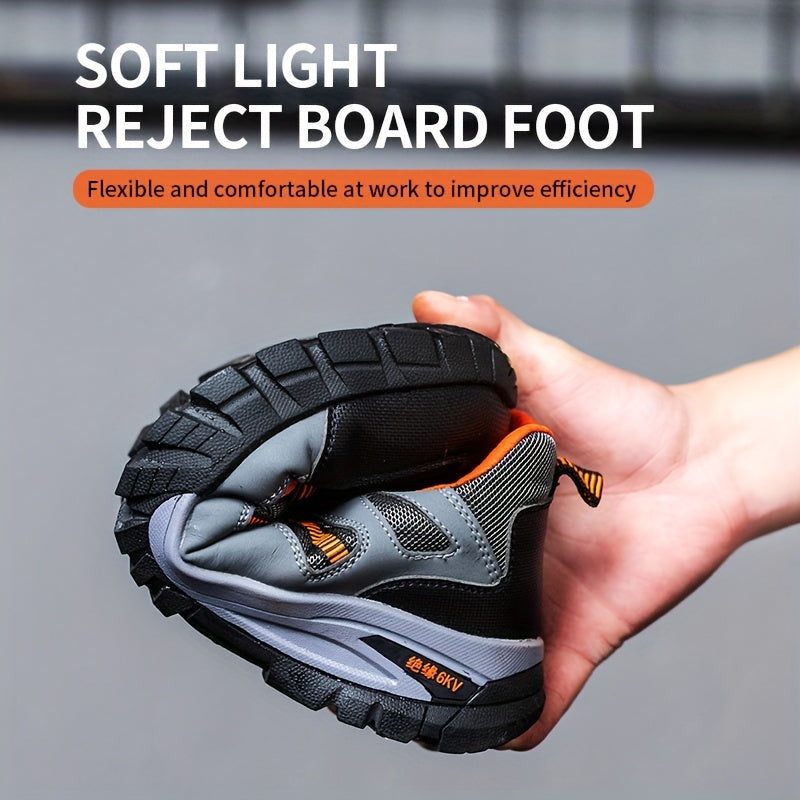 Zapatos de trabajo de seguridad para hombre con punta de acero, resistentes a perforaciones, antideslizantes, transpirables, de microfibra gris y naranja