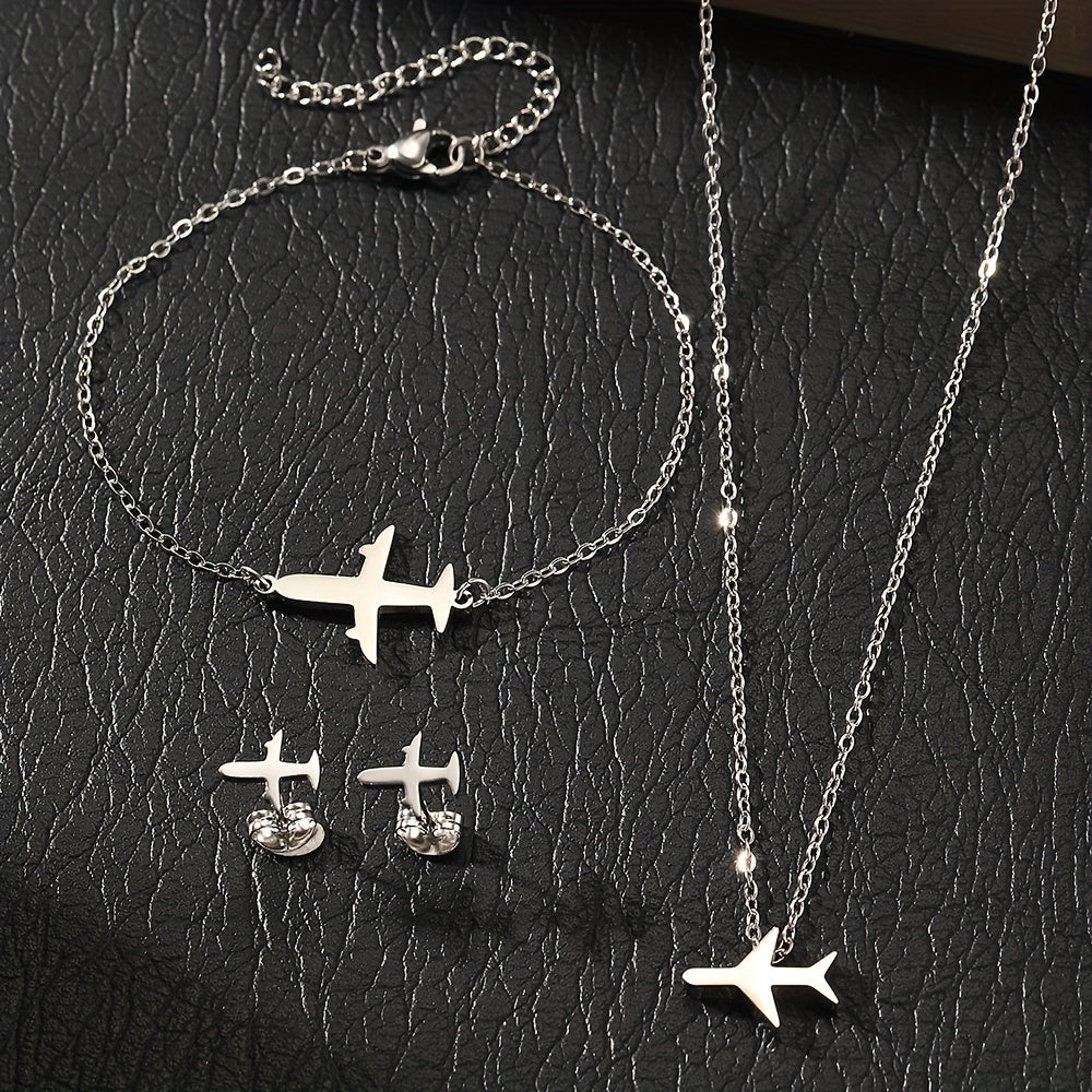 Women’s Jewelry Set Stainless Steel Airplane Pendant Necklace Bracelet Earrings Gift