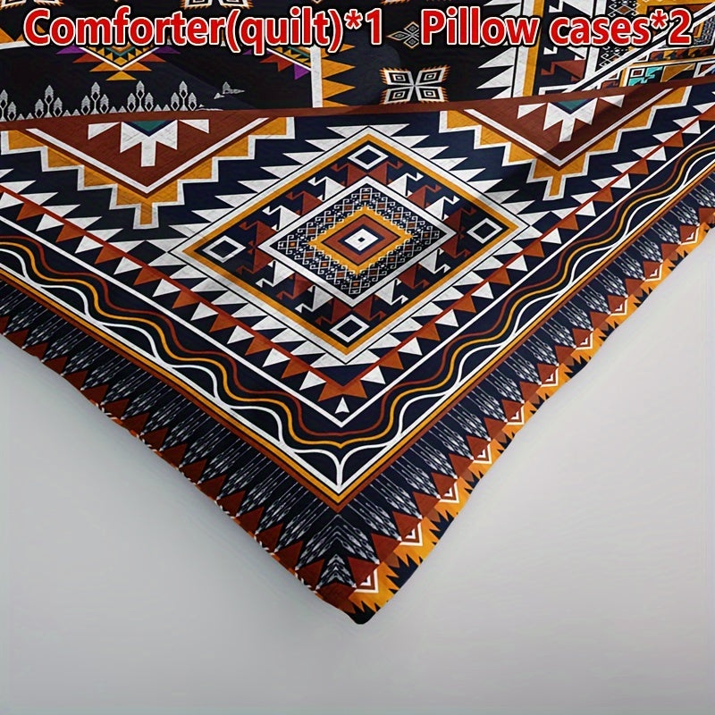 3-Piece Bohemian Plaid Quilt Set with Pillowcases All-Season Breathable Bedding