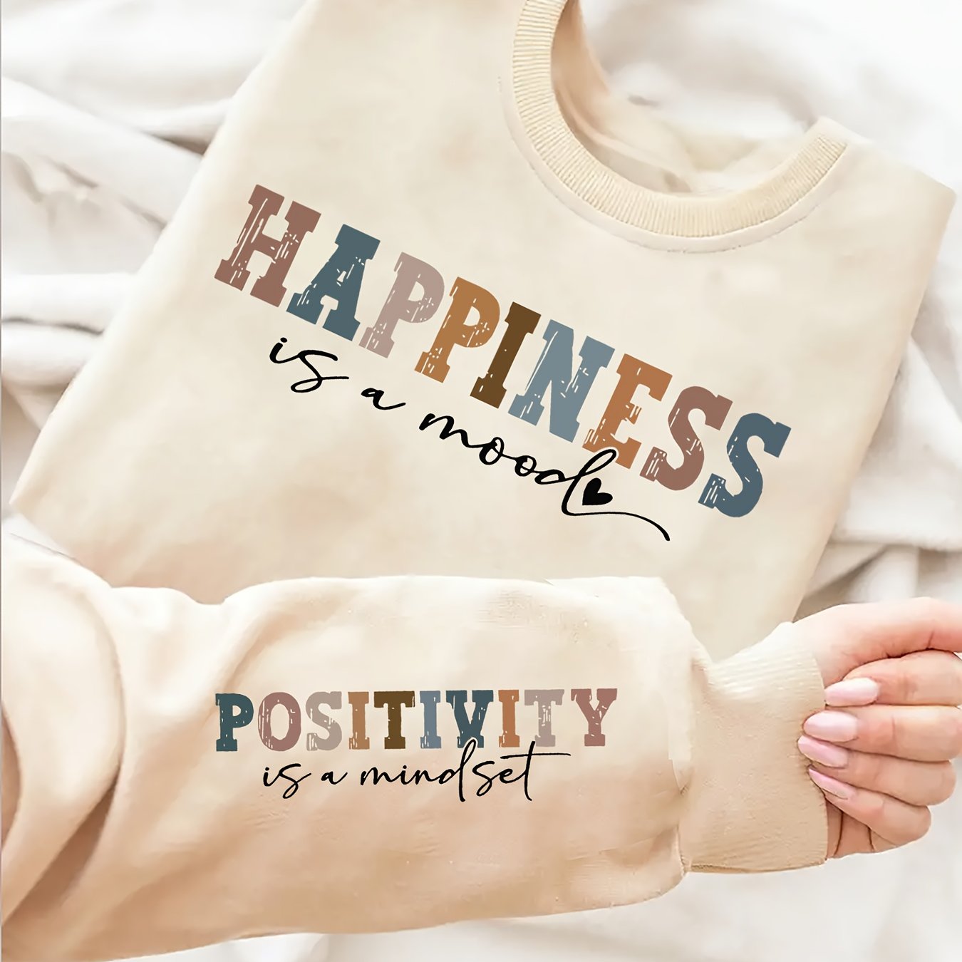 Plus Size Women's Alphabet Print Crew Neck Sweatshirt Knit Fall Winter Pullover