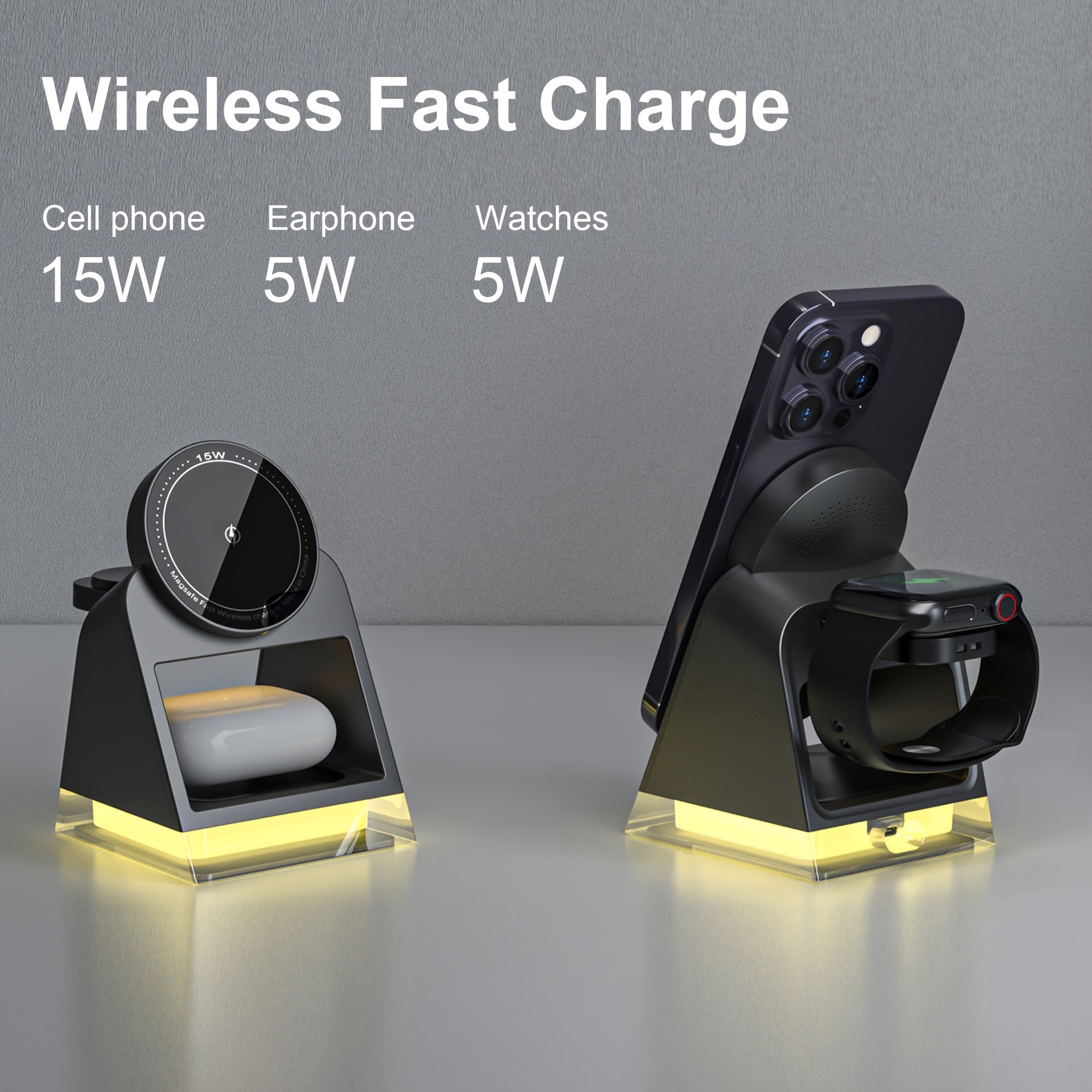 Magnetic Wireless Charger 15W for Phones Smart Watches Earphones Night Light