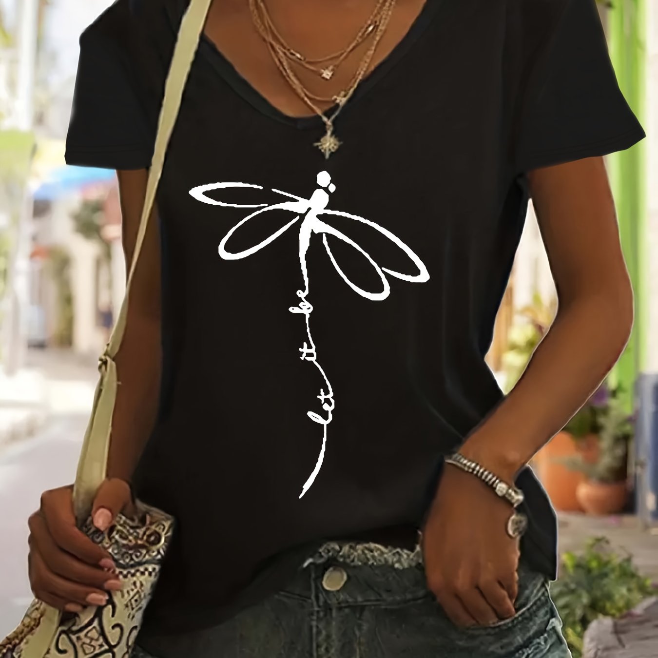 Plus Size Women's V-Neck T-Shirt Geometric Dragonfly Print Mint Green Black
