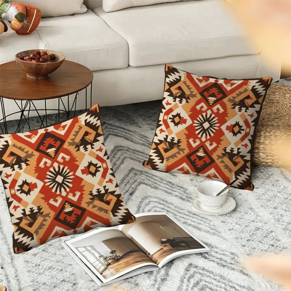 Bohemian Retro Geometric Flannel Pillow Cover 45.72x45.72 cm Zipper Washable Square Cushion Case
