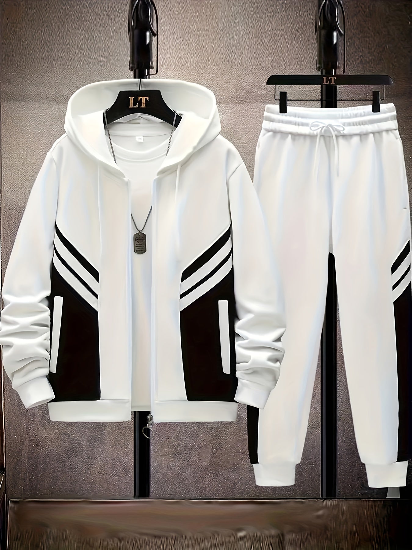 Men's Casual Polyester Tracksuit Set with Hoodie and Pocket Solid Color Long Sleeve Knit Fabric