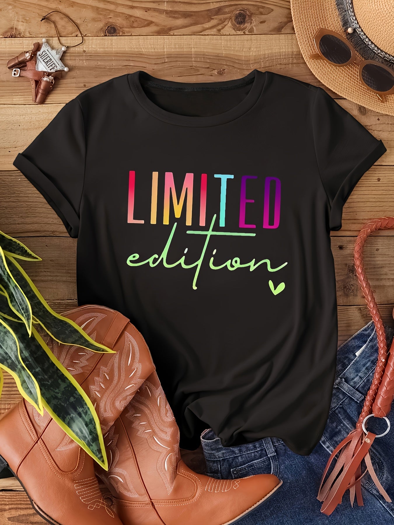 Women's Black Graphic T-Shirt Short Sleeve Casual Loose Fit