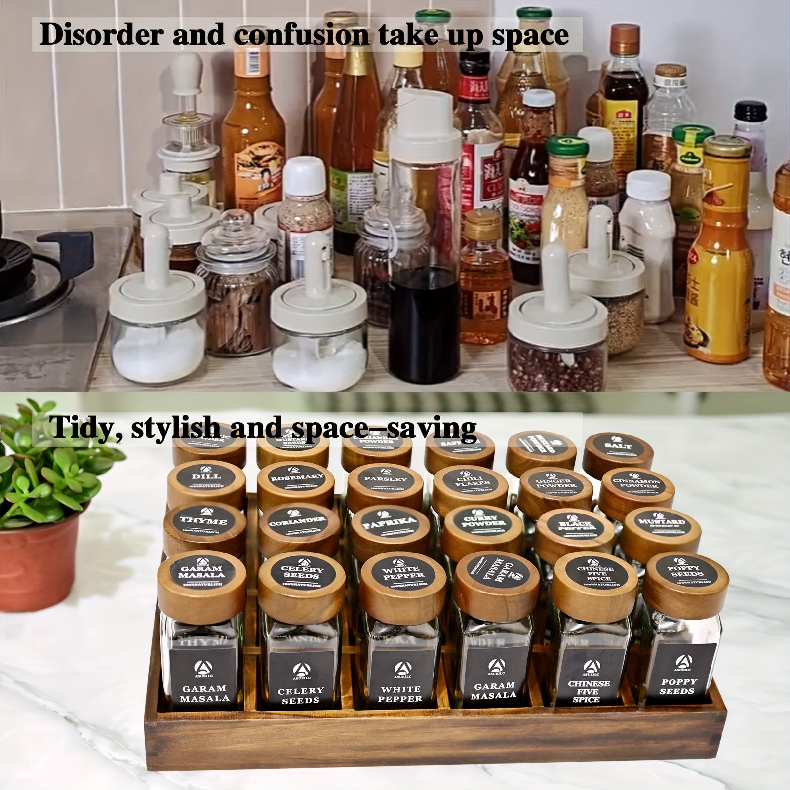 24-Piece Sandalwood Spice Rack Set with Glass Jars and Waterproof Labels