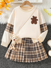 Girls Autumn Casual Outfit Set with Bear Embroidery Plaid Pleated Skirt and Pendant