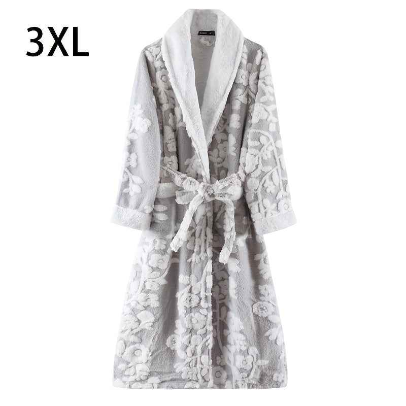 Unisex Thickened Long Bathrobe with Flower Pattern for Home and Bathroom Use