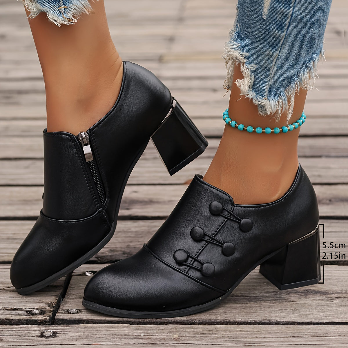 Women's Solid Color Block Heel Pumps with Side Zipper and Slip-On Design