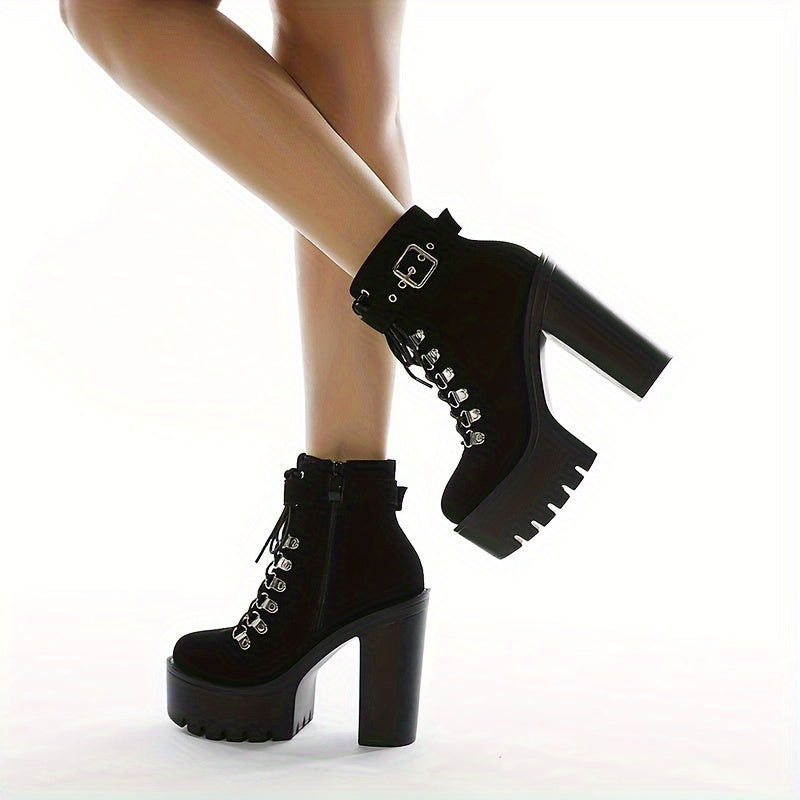Women's Black Platform Ankle Boots with Buckles and Side Zipper for Nightclub