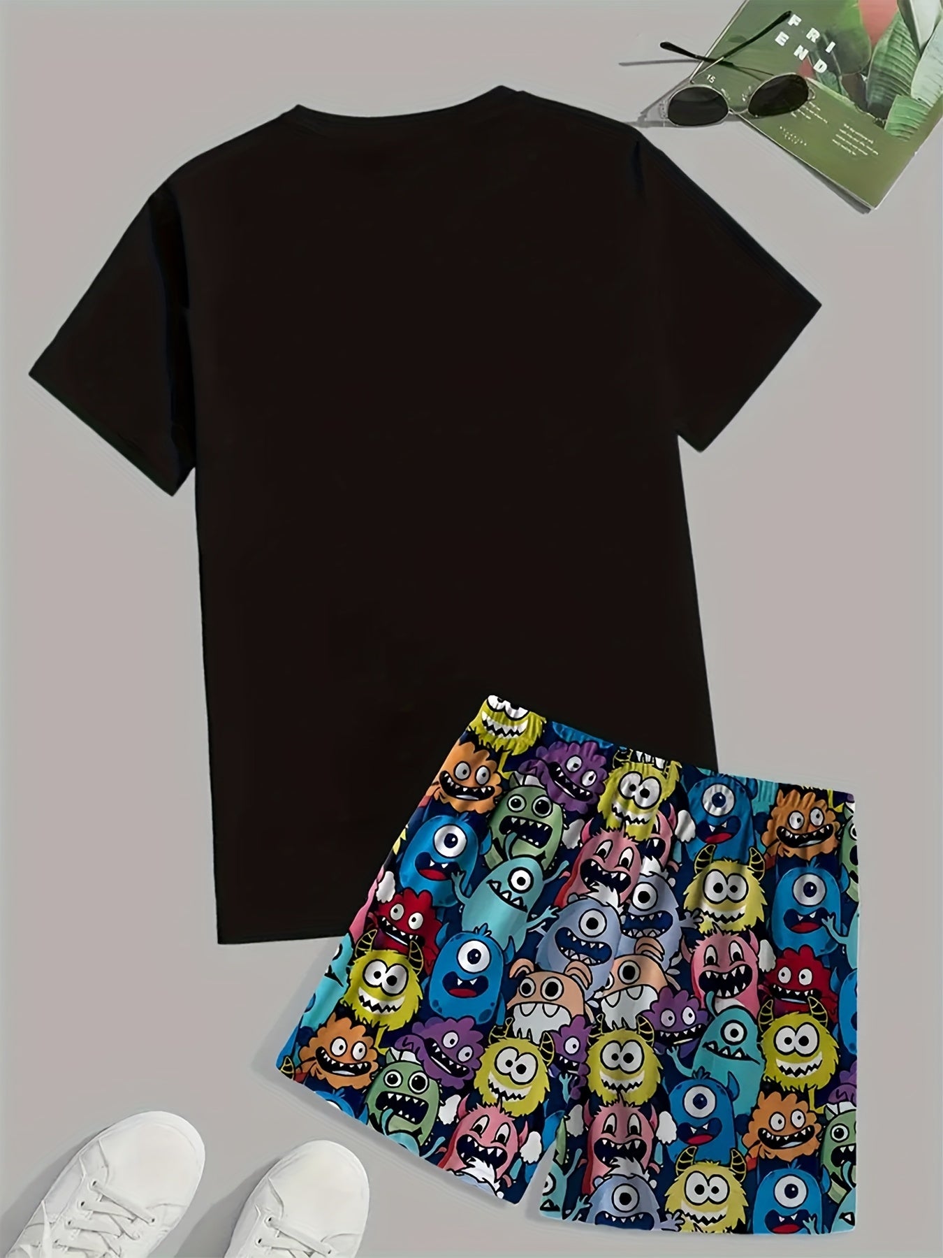 Men's Lightweight Short Sleeve Pajama Set with Elastic Waist Shorts