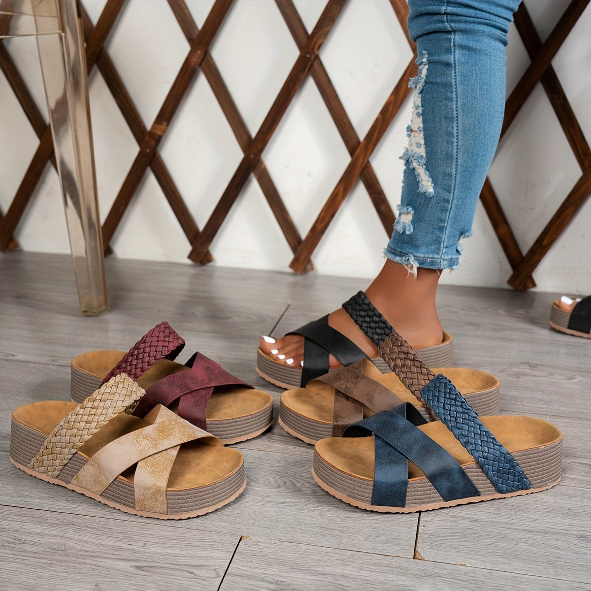 Women's Bohemian Slip-On Sandals with Flat Sole Open Toe Summer Beach Shoes