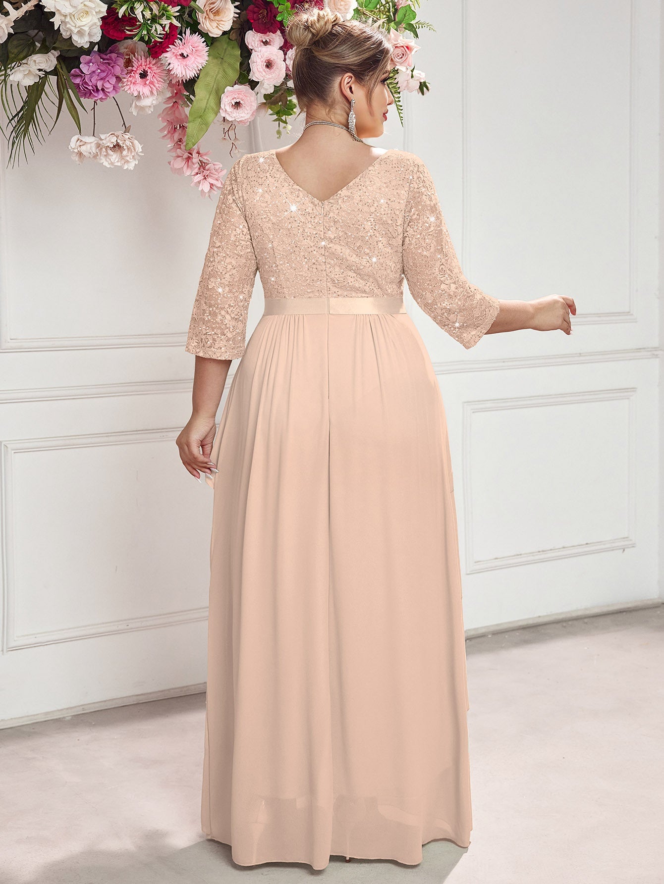 Plus Size Women's Sequin Lace V-Neck Maxi Dress Formal Evening Gown