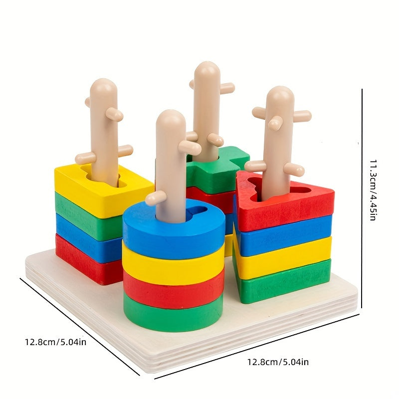 Educational Wooden Shape Sorter Puzzle for Cognitive Development with Stacking Rings and Blocks for 18M+