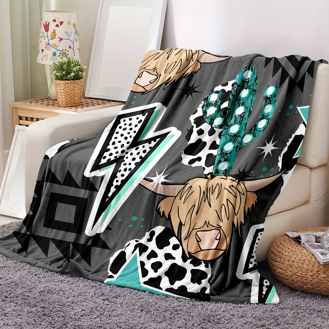 Soft Polyester Cow and Lightning Design Blanket for Couch Bed or Office Use in Vibrant Colors