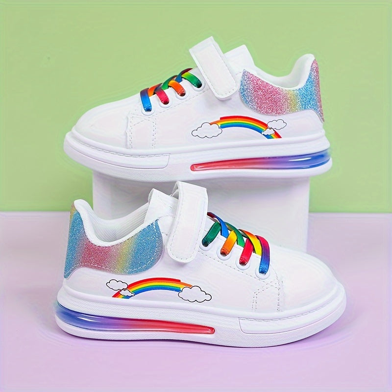 Girls Rainbow Sneakers White Low-Top Shoes with Cloud Pattern Breathable Comfortable Casual