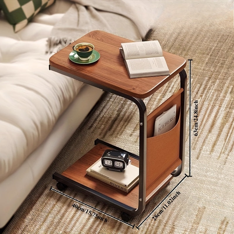 Modern Minimalist Rolling Side Table with Pull-Out Cabinet for Living Room or Bedroom