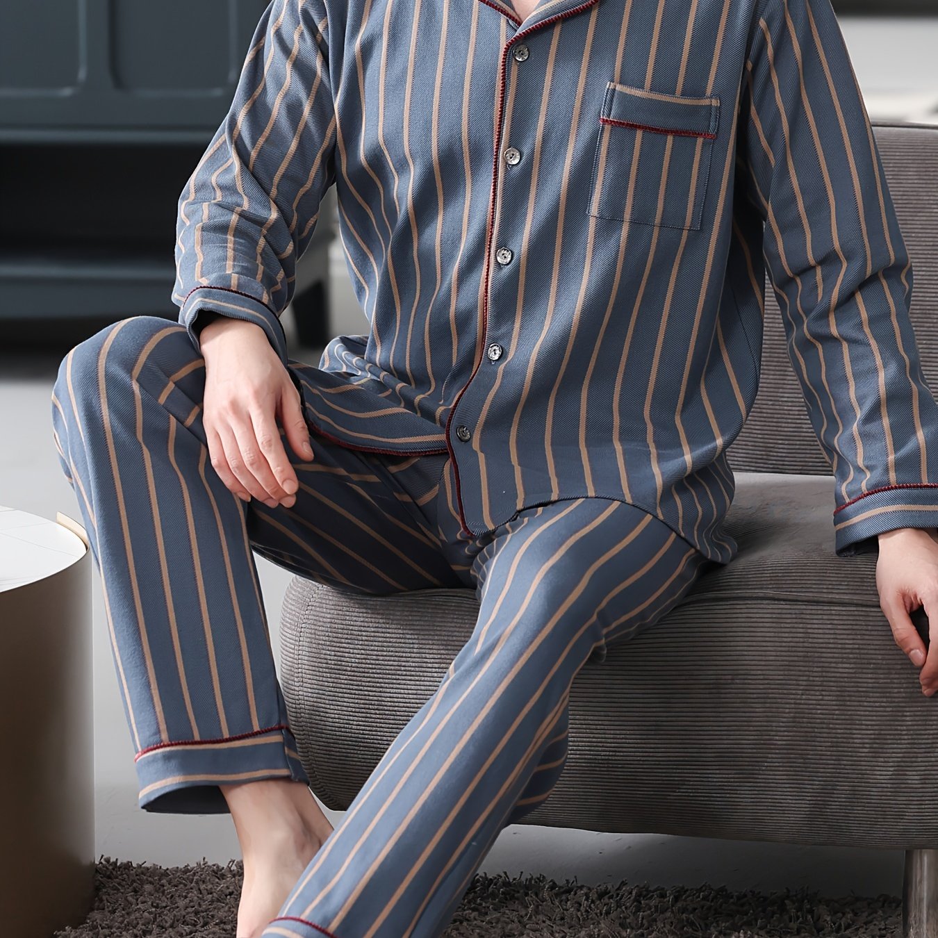 Men's Cotton Striped Pajama Set Long Sleeve Lapel Shirt Elastic Waist Pants Lounge Sleepwear
