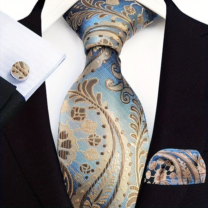 Set of 3 Men's Business Ties with Matching Pocket Square and Cufflinks in Jacquard Fabric