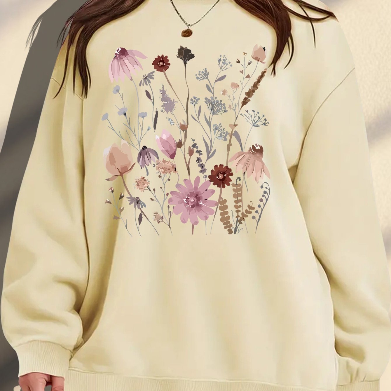 Women's Plus Size Floral Print Sweatshirt Cozy Maroon Pullover Autumn Wear