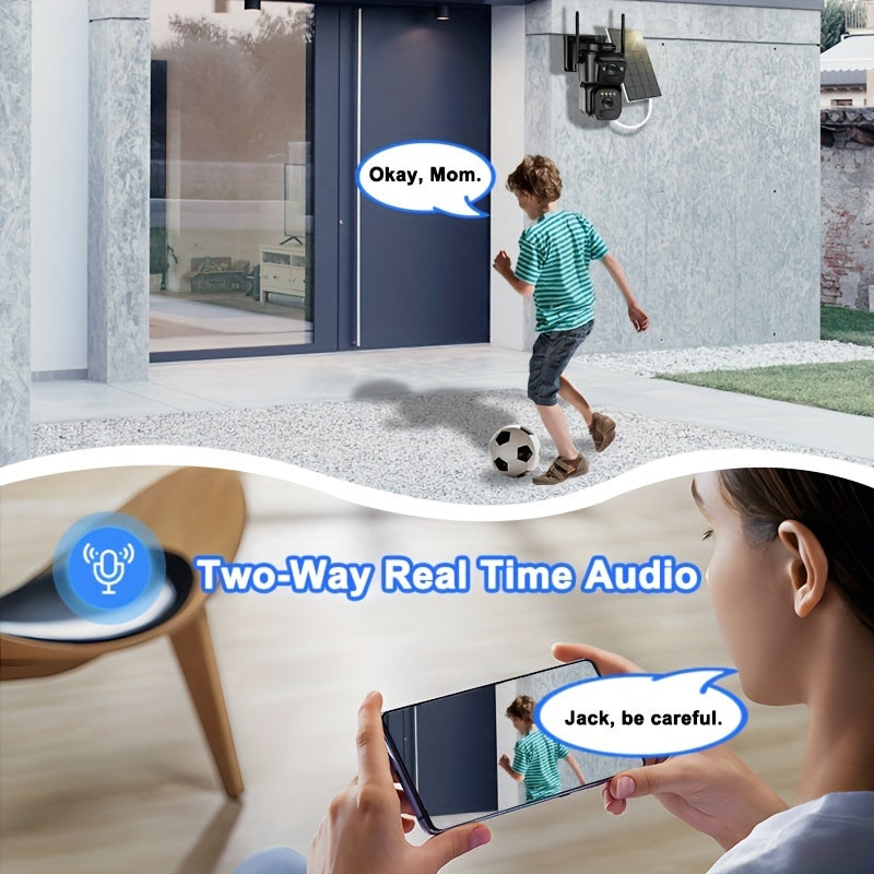 360-Degree Solar-Powered CCTV Camera with Spotlight Alarm Motion Detection Color Night Vision Two-Way Audio