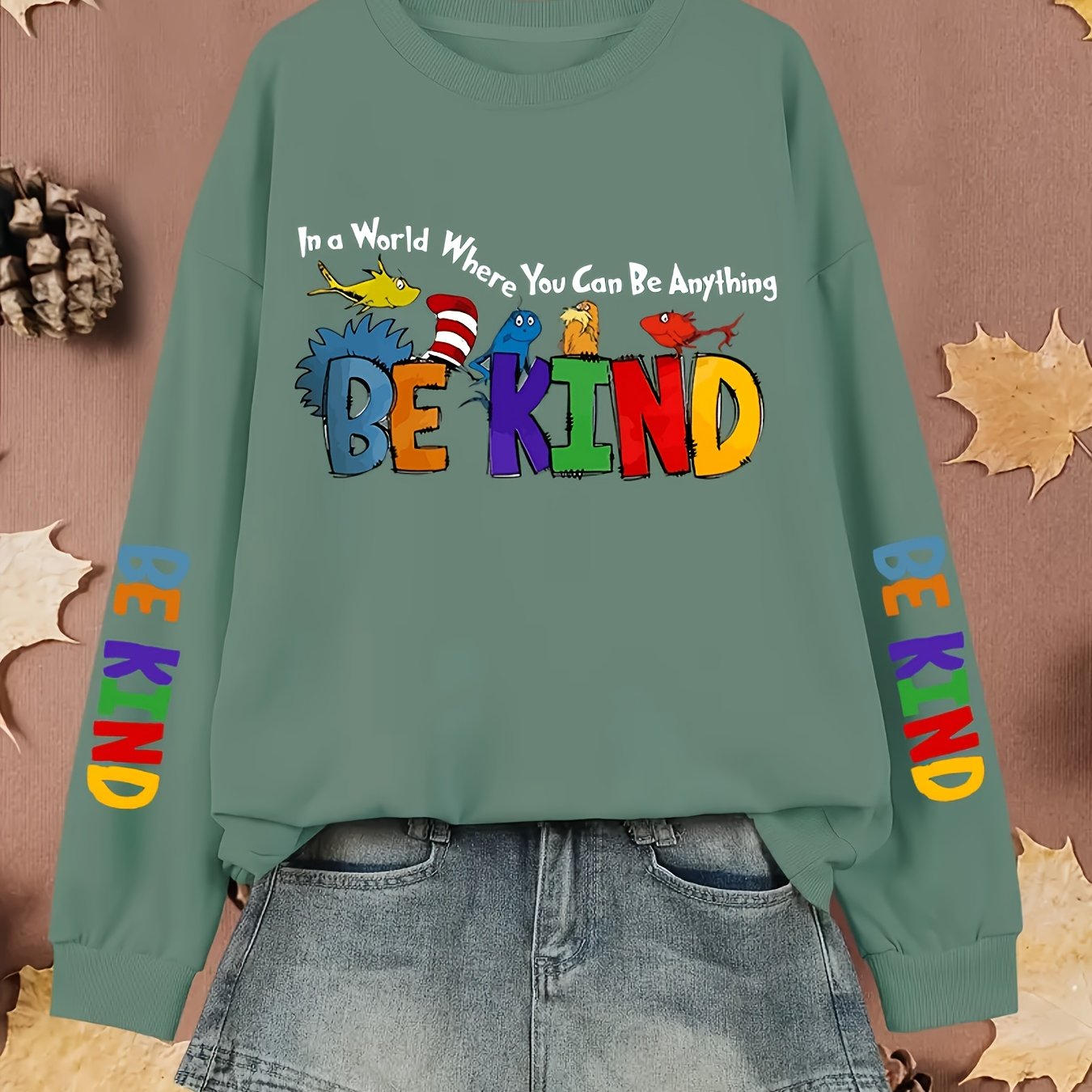 Plus Size Women's Casual Print Pullover Sweatshirt Long Sleeve Crew Neck