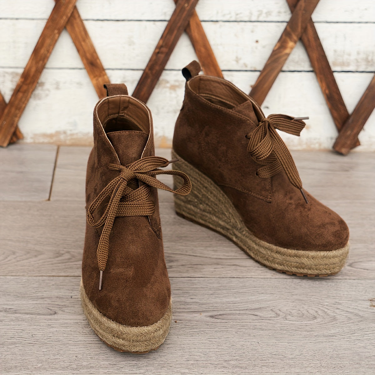 Women's Linen Wedge Ankle Boots Casual Solid Color Lace-Up Platform Shoes