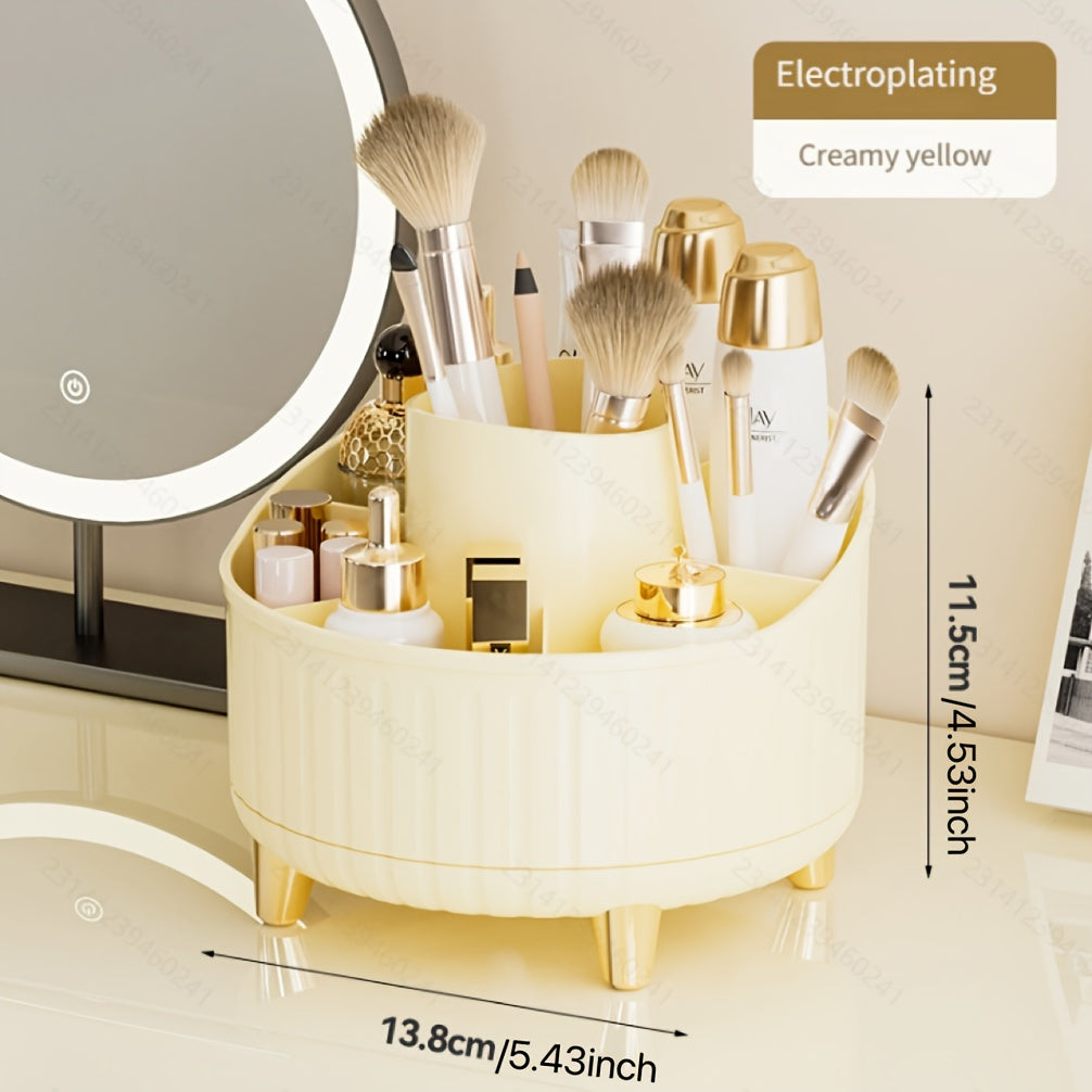 Zamonaviy minimalist ish stoli makiyaj tashkilotchisi 360° aylanishi bilan katta sig'imga ega, 3 rang tanlovi va mustahkam oltin asosga ega. 7 ta katta joy bilan lab bo'yog'lari, losonlar, qalamlar va cho'tkalarni ushlab turadi.