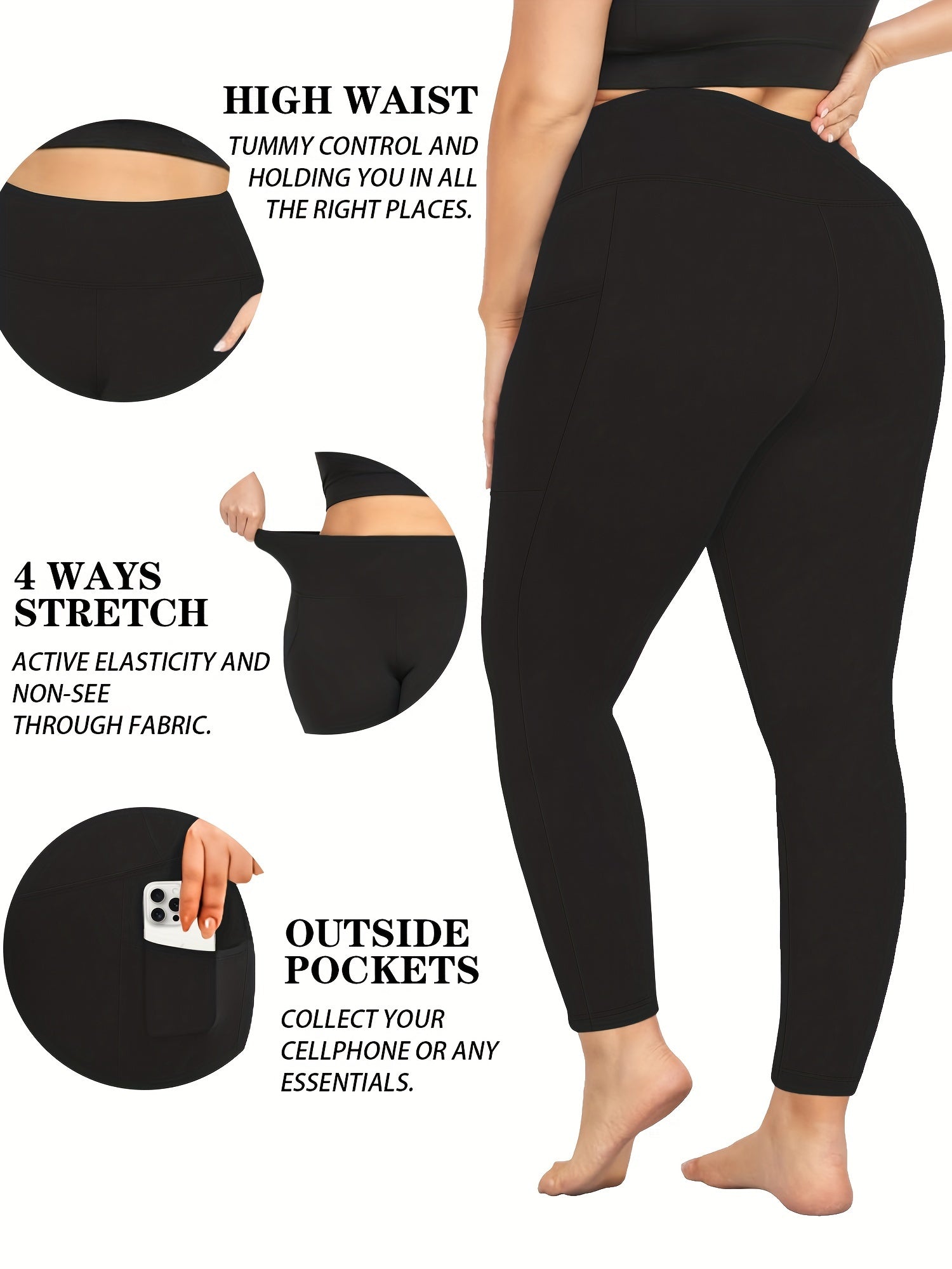 Plus Size High Waist Yoga Pants with Pockets Stretch Tummy Control Activewear