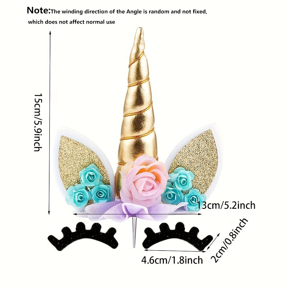 Unicorn Cake Topper Set with Gold Horn and Eyelashes for Birthday Cakes