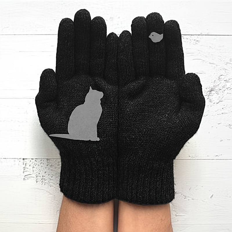 Knit Gloves for Women with Cat Print Split Finger Design Warm Winter Accessories