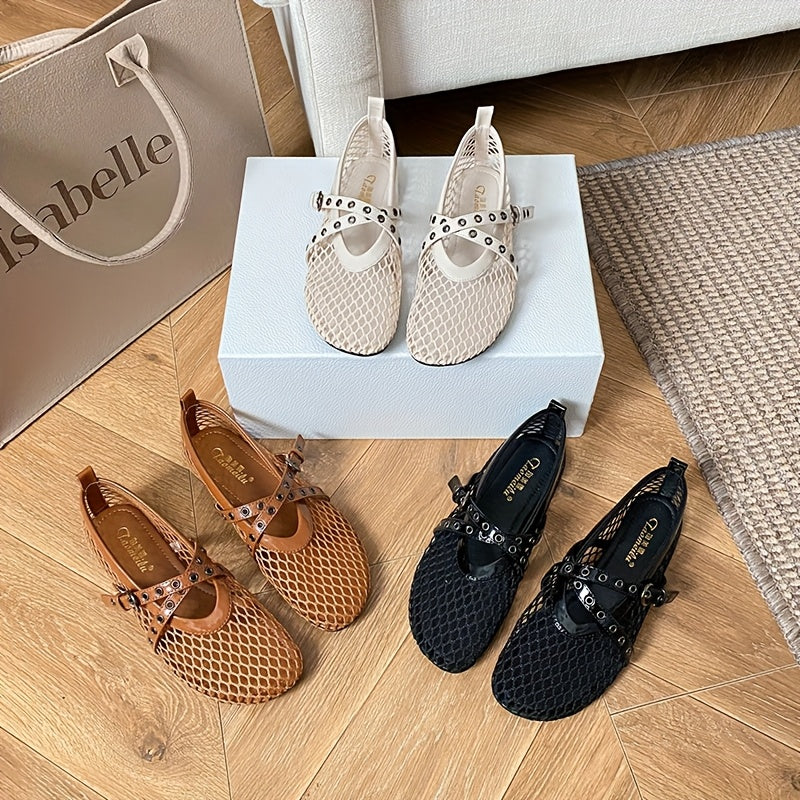 Women's Summer Mary Jane Flats Mesh Cross-Strap Solid Color Round Toe