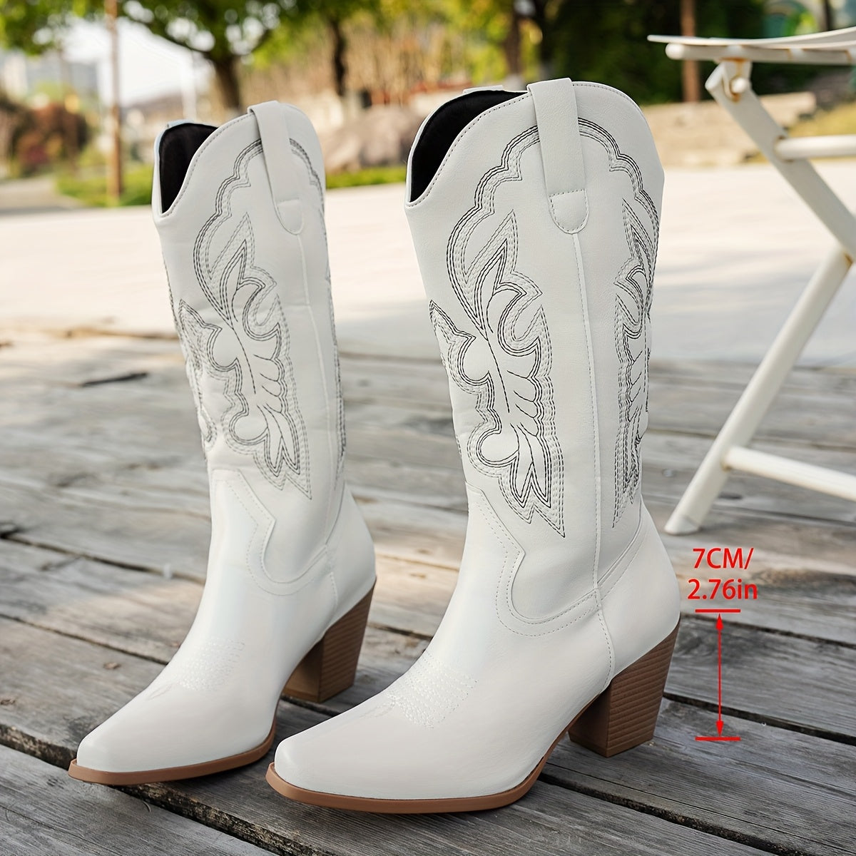 Женские белые вышитые западные сапоги до середины икры с заостренным носком, без шнурков, ковбойские