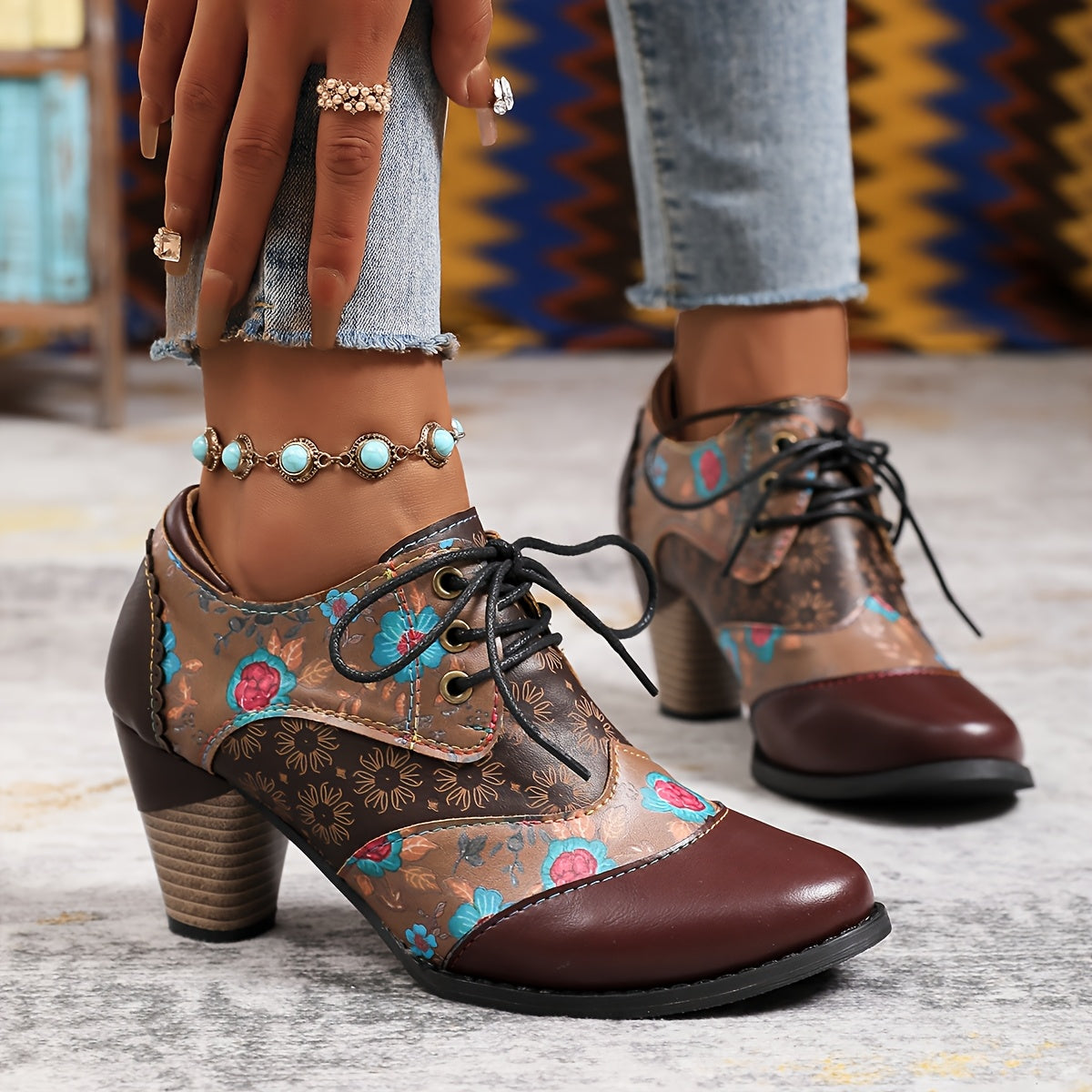 Women's Floral Bohemian Lace-Up Ankle Boots Faux Cover PU Sole All-Season Casual Formal