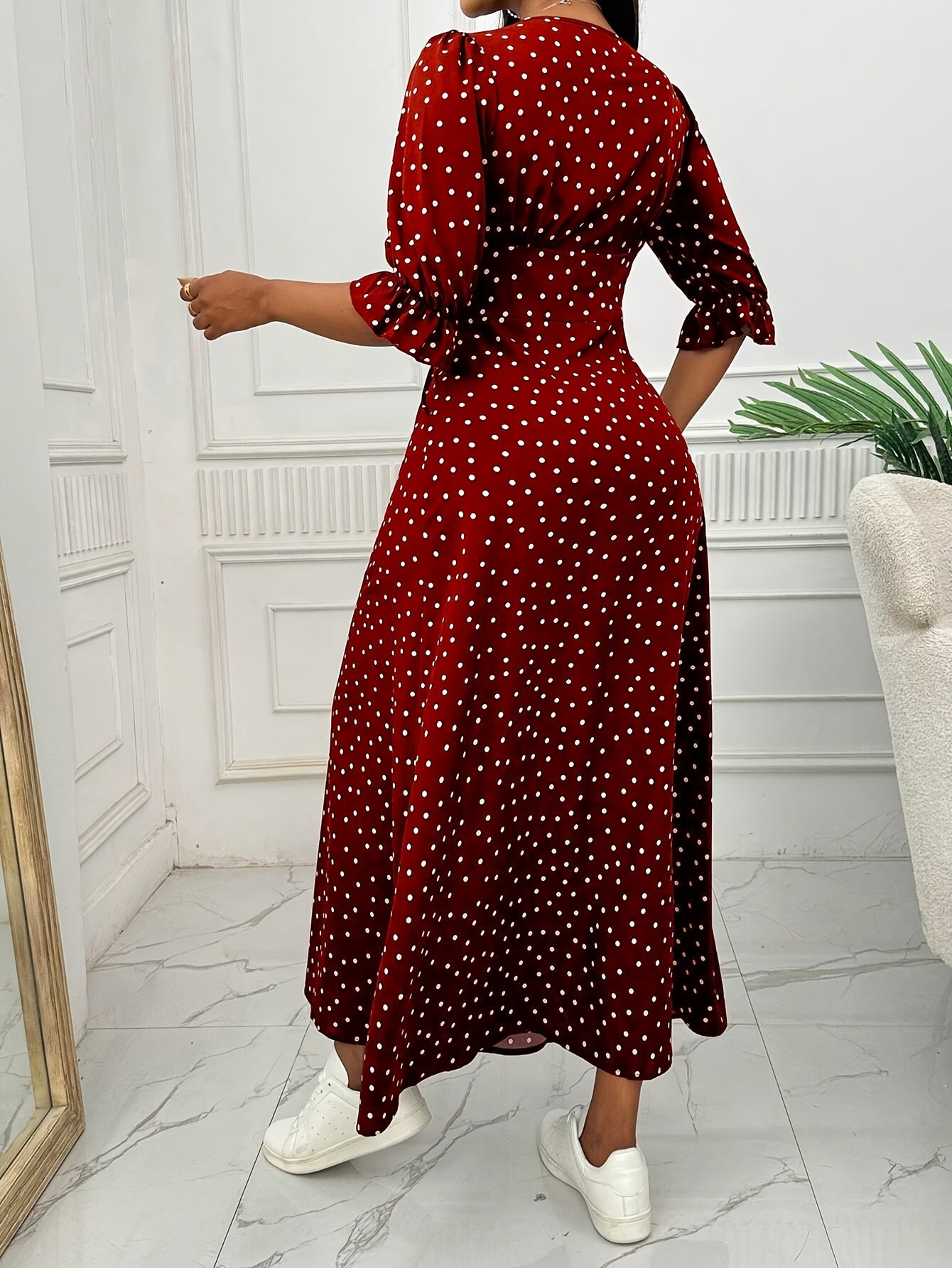 Women's Polka Dot V-Neck Maxi Dress with High Slit Fitted Polyester for Spring Summer Fall