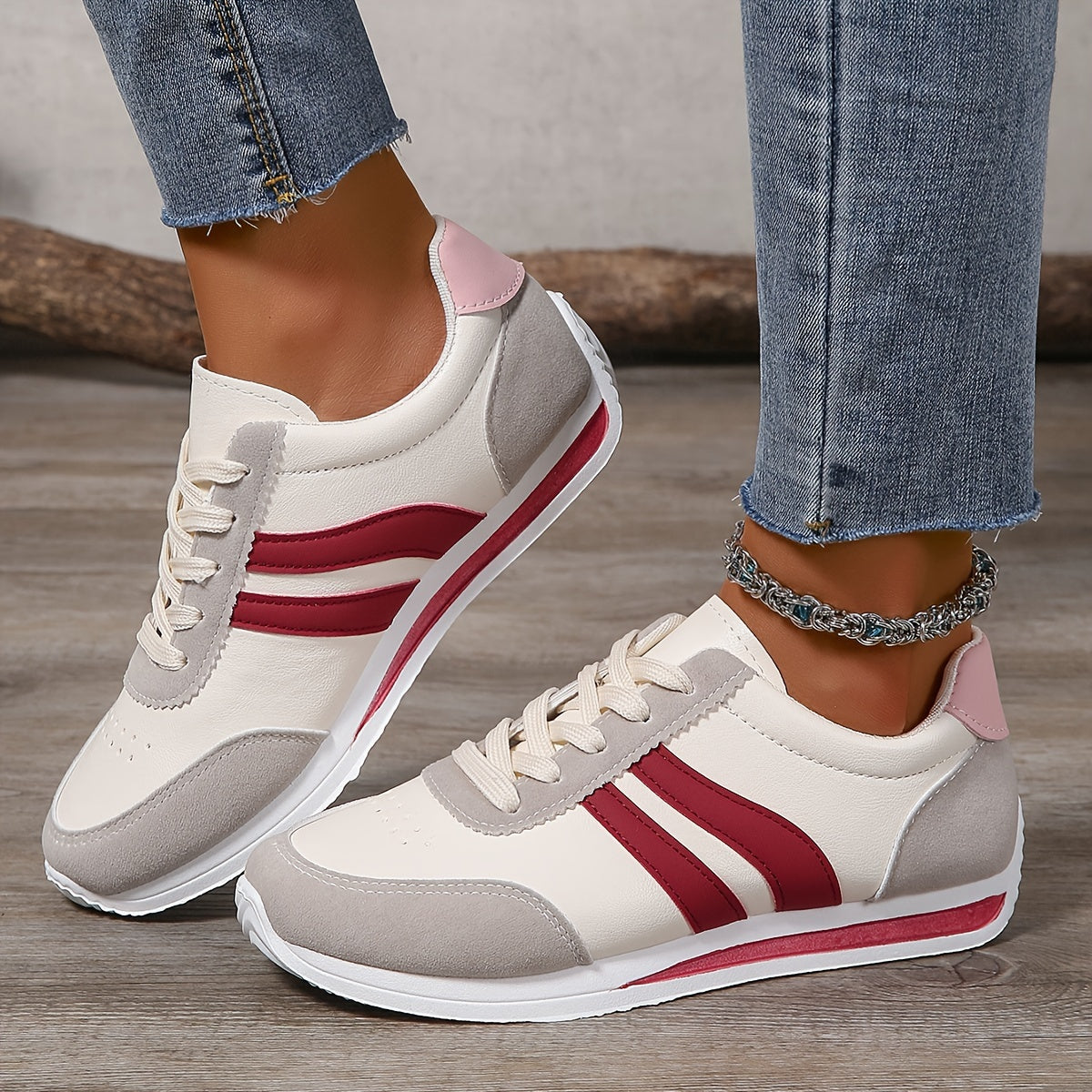 Women's Lightweight Low-Top Sneakers White Navy Red Casual Running Walking