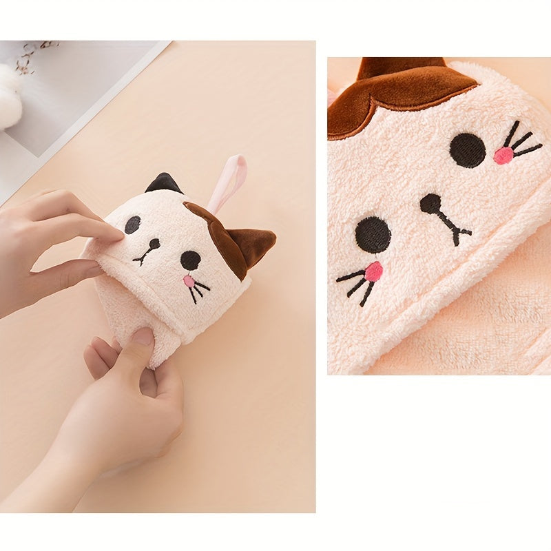Coral Fleece Hand Towel Embroidered Cat Design Absorbent Kitchen Bathroom Use