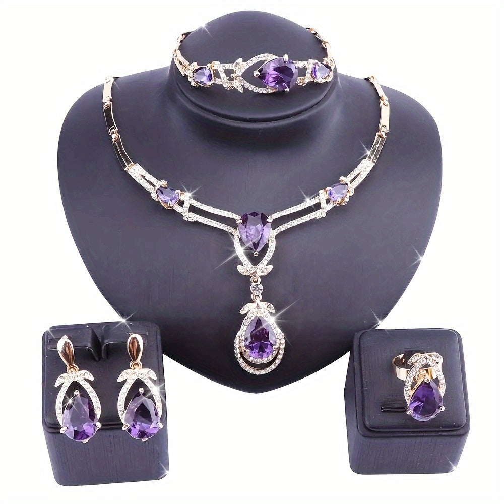 Women's Purple Gold Synthetic Zircon Jewelry Set Necklace Bracelet Earrings Ring for Parties Bridal
