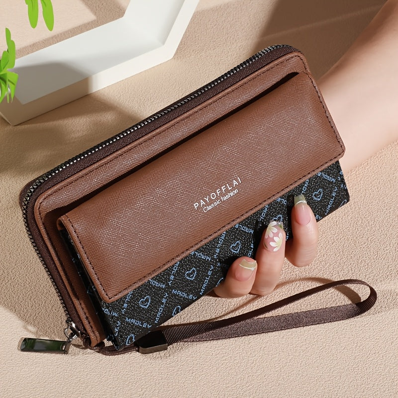 Vintage Women's Faux Leather Wallet with Wristlet Dual-Clasp Closure Zipper Card Slots Photo Pocket