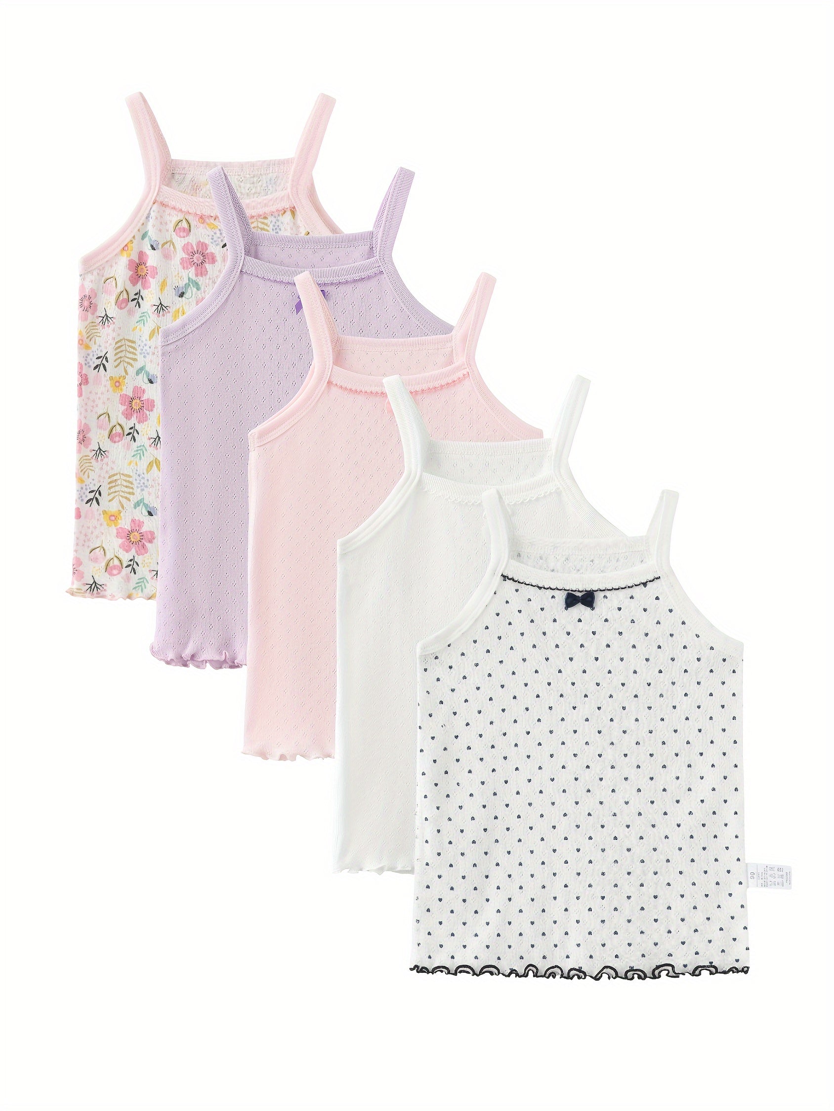 Girls' Floral Print Tank Tops Set with Bow Details Off-Shoulder Semi-Sheer Knit Fabric