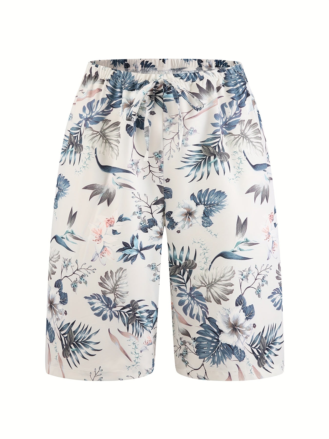 Women's Plus Size Tropical Print Loose Fit Beach Shorts Lightweight Polyester White Blue Green Leaf