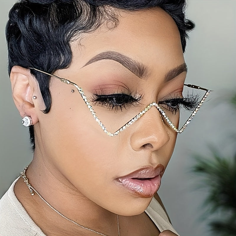 Triangle-Shaped Rhinestone-Embellished Metal Glasses Frame for Fashion Street Style