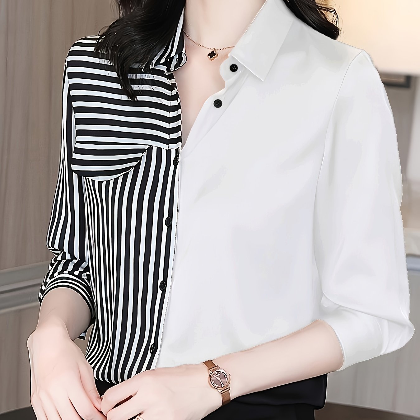 Women's Polyester Color Block Shirt with Stripe Print and Button Front for Spring and Fall