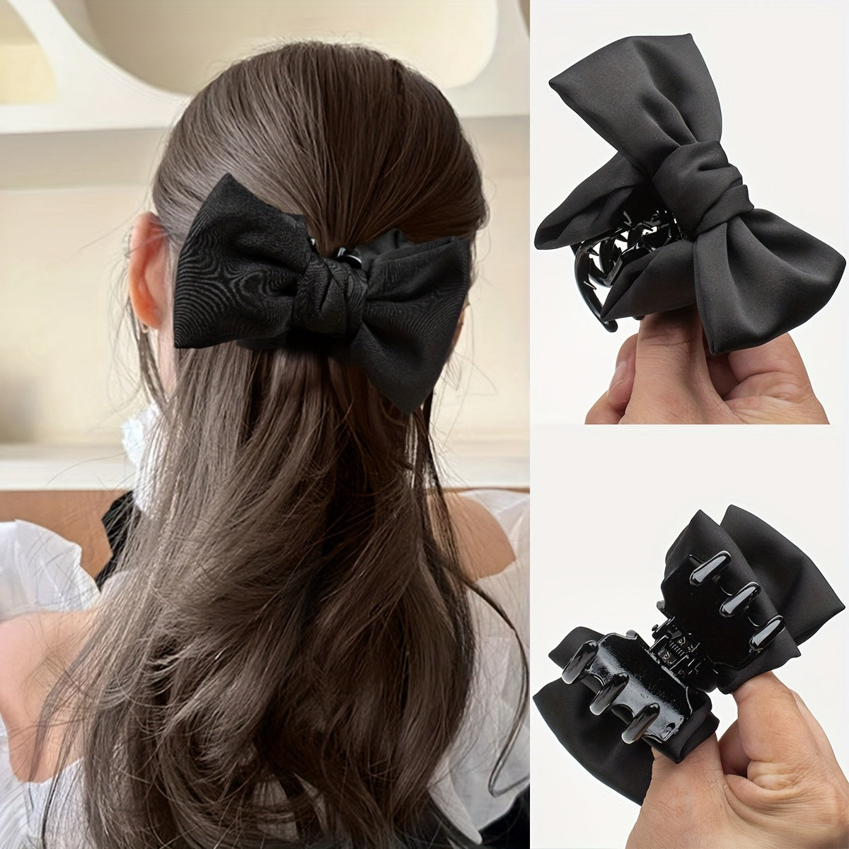 Women's Hair Clip Bowknot Non-Slip Fabric Hair Accessory for Ponytails in Khaki and Black
