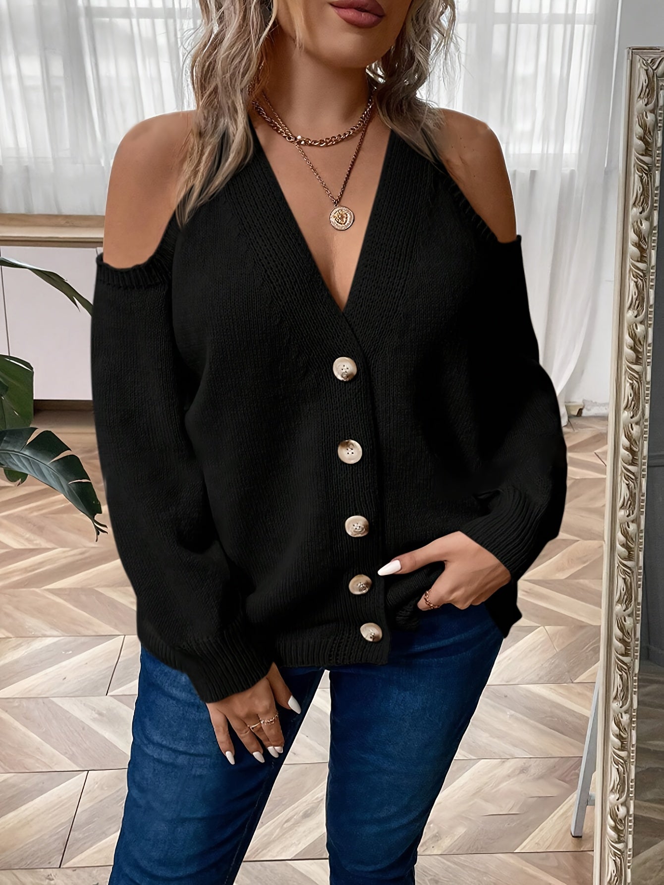 Plus Size Women's V-Neck Button-Front Cardigan Long Sleeve Sweater Black