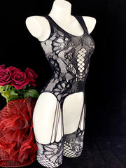Women’s Lace Lingerie Bodysuit with Garter Straps Black Size Large