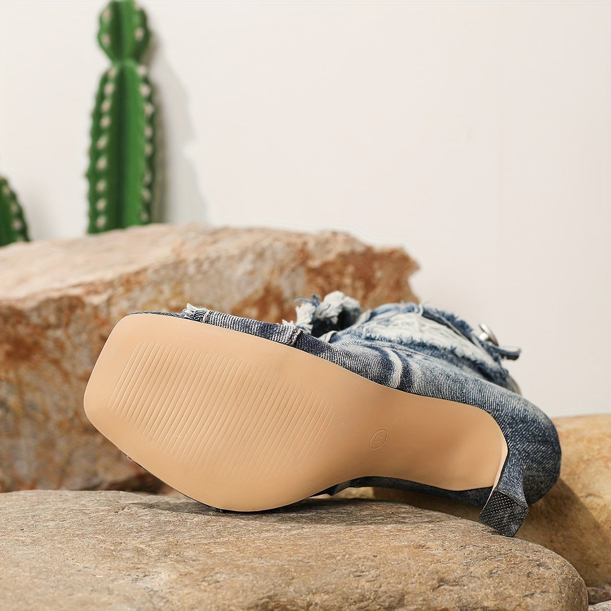 Women Retro Square Toe Western Style Blue High Heels Ankle Shoes