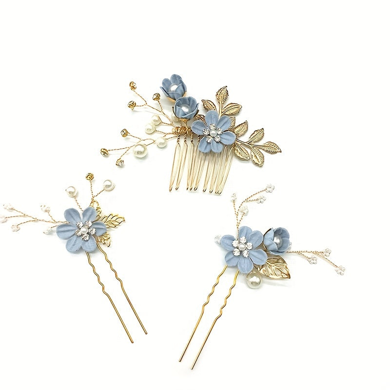 Set of 4 Blue Flower Hair Combs with U-Shaped Hairpins Bridal Hair Accessories